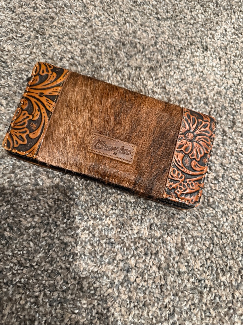 Wrangler Brown Hair-On Hide Wallet with Tooled Leather Ends